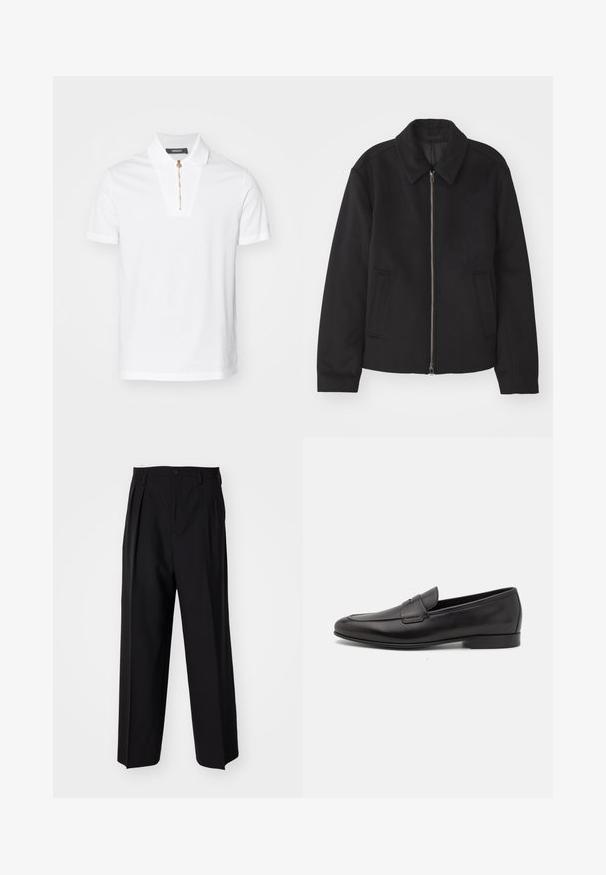 Casaco preto com fecho de correr, design ajustado, colarinho redondo e bolsos com fenda. Feito de um tecido liso e texturizado.; Camisa polo branca feita de algodão, com fecho de zip e um design de colarinho distinto. Sem padrões ou acentos visíveis.; Calças pretas plissadas com um design reto e de perna larga. Feitas de um tecido liso, apresentam um fecho de botão e passantes para cinto.; Sapatilha masculina em couro preto, com salto baixo e um design clássico com tira de moeda, apresentada em perfil lateral sobre um fundo branco.
