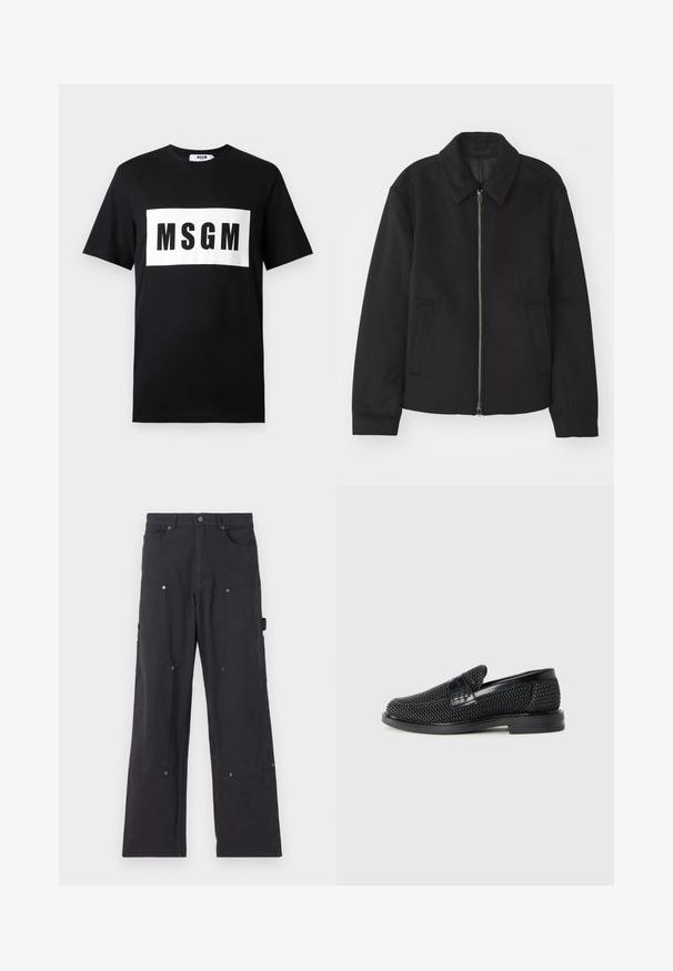 Zwarte jas met ritssluiting, op maat gemaakte ontwerp, ronde kraag en splitzakken. Gemaakt van een gladde, gestructureerde stof.; Zwarte katoenen t-shirt met korte mouwen, voorzien van een wit rechthoekig logo met "MSGM" in vetgedrukte zwarte letters op de voorkant.; Zwarte cargobroek van duurzaam materiaal met een recht model, voorzien van voorzakken, drukknoopsluitingen en zijzakken voor gebruiksobjecten.; Zwartegeweven instap schoenen met een glad leren accent aan de bovenkant, een ronde neusontwerp en een laag profiel rubberen zool.