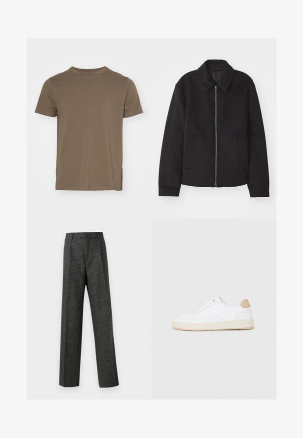 Černá bunda se zipovým uzávěrem, střižená designem, kulatým límcem a kapsami na bocích. Vyrobena z hladké, strukturované tkaniny.; Hnědý bavlněný tričko s krátkým rukávem, kulatým výstřihem a volným střihem. Obsahuje postranní rozparky na lemu pro větší pohodlí.; Šedé kalhoty na míru vyrobené z texturované tkaniny, s dvěma předními záhyby a rovnými nohavicemi. Bez viditelných kapes nebo ozdob.; Bílé nízké tenisky s texturovaným koženým svrškem, krémovou rýhovanou podrážkou a hnědým akcentem na patě. Mají bílé šňůrky a detaily loga na patě.