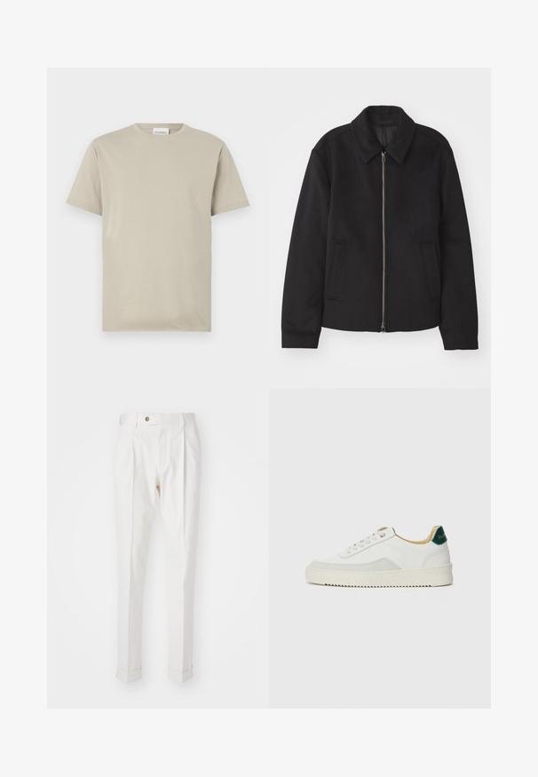 Giacca nera con chiusura con zip, design sartoriale, collo arrotondato e tasche a fessura. Realizzata in un tessuto morbido e texture.; T-shirt in cotone beige, maniche corte, collo rotondo, colore solido senza decorazioni, vestibilità rilassata, con un'etichetta che recita "CLOSED" all'collo.; Pantaloni bianchi su misura con frontale liscio, due plissettature e risvolti. Realizzati in un tessuto morbido con chiusura a bottone in vita.; Sneaker bianco con accenti in camoscio, punta rotonda, lacci piatti e suola in gomma crema. Presenta un marchio verde sul tallone.