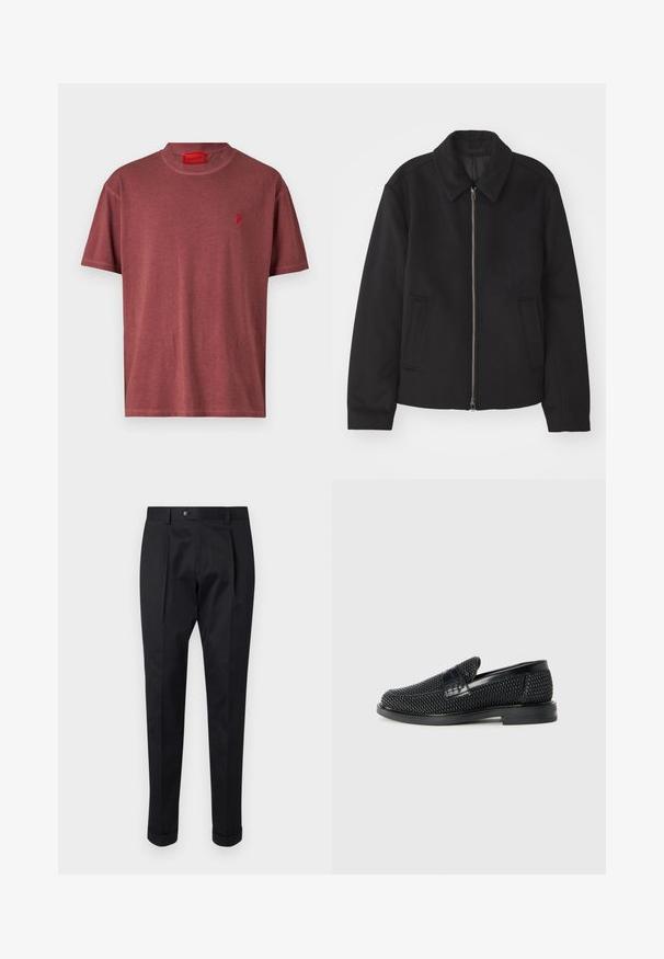 Black jacket with a zip closure, tailored design, a rounded collar, and slit pockets. Made from a smooth, textured fabric.; Short-sleeve, round-neck t-shirt made of soft, burgundy fabric featuring a small red flame logo on the left chest area.; Black trousers made of a smooth fabric, featuring a fold at the front, a button closure, and rolled cuffs at the ankle.; Black woven slip-on shoe with a smooth leather accent on the upper, a round toe design, and a low-profile rubber sole.