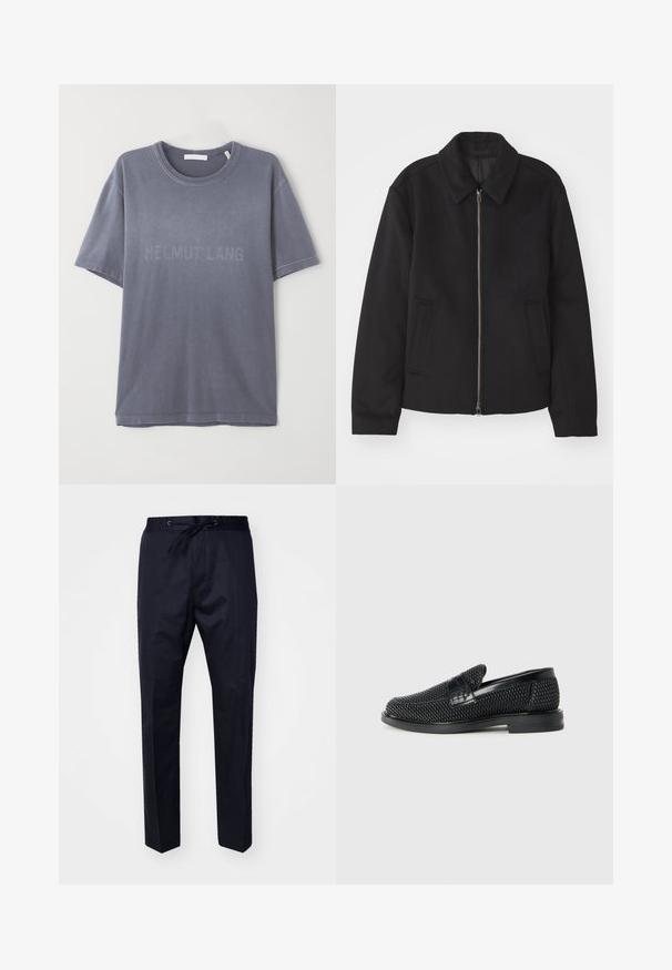 Čierna bunda so zipsom, upravený strih, okrúhly golier a bočné vrecká. Vyrobená z hladkej, textúrovanej látky.; Šedé bavlnené tričko s krátkymi rukávmi a okrúhlym výstrihom, na prednej strane s vyrazeným logom "HELMUT LANG". Mäkká textúra, voľný strih.; Námornícke, ľahké nohavice s elastickým pásom, nastaviteľným šnúrkou a rovnými nohavicami. Hladká textúra, žiadne viditeľné vzory ani akcenty.; Čierne tkané slip-on topánky s hladkým koženým akcentom na vrchnej časti, s okrúlym dizajnom špičky a nízkoprofilovou gumovou podrážkou.