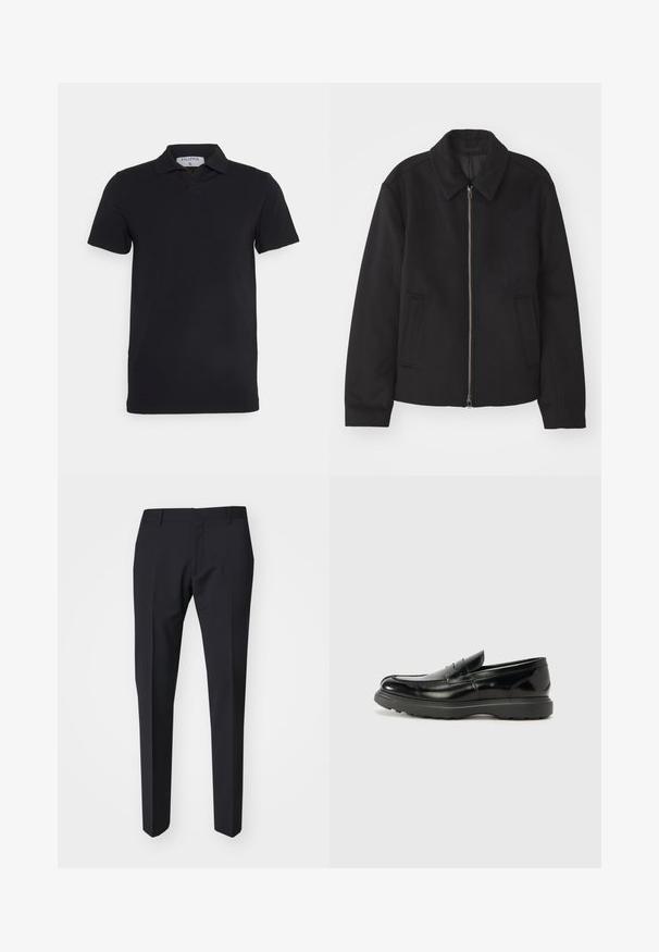 Fekete dzseki cipzárral, testreszabott dizájnnal, kerek nyakkal és zsebekkel. Sima, texturált anyagból készült.; Fekete, rövid ujjú pólóing klasszikus gallérral, sima anyagból készült. A nyaknál található egy címke a "Filippa K" márkanevével.; Sötét tengerészkék, slim fit nadrág. Sima, texturált anyagból készült, lapos elülső résszel, övhurkokkal és oldalsó zsebekkel rendelkezik.; Fekete bőr loafer, fényes felülettel, kerek orral, diszkrét varrási részletekkel és vastag gumitalppal a tartósság érdekében.