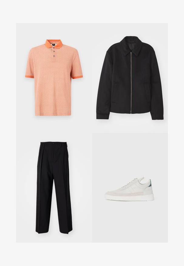 Crna jakna s patentnim zatvaračem, prilagođenog dizajna, zaobljenim kragnom i proreznim džepovima. Izrađena od glatkog, teksturiranog materijala.; Polo majica kratkih rukava u narančastoj boji, s geometrijskim uzorkom i kontrastnim ovratnikom. Patenti s tri gumba i jedinstveni manžeti.; Crne plisirane hlače s ravnim širokim nogavicama. Izrađene od glatkog materijala, s dugmadi za zatvaranje i petljama za remen.; Bijele kožne tenisice s akcentima od siva brušena kože, dizajn sa vezicama, ručka za povlačenje i teksturirana guma s uzorkom u obliku zigzaga.