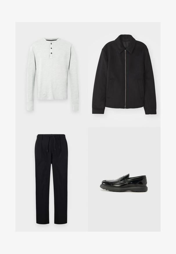 Zwarte jas met ritssluiting, op maat gemaakte ontwerp, ronde kraag en splitzakken. Gemaakt van een gladde, gestructureerde stof.; Henley-shirt met lange mouwen in lichtgrijs, gemaakt van zacht stof met een gestructureerde afwerking, voorzien van een drieknopenbies en manchetten aan de mouwen.; Zwarte broek van gladde stof, met een elastische tailleband, rechte pijpen en plooien aan de voorkant voor een gestructureerde uitstraling.; Zwarte leren instapper met een glanzende afwerking, een ronde neus, subtiele stiksels en een dikke rubberen zool voor duurzaamheid.