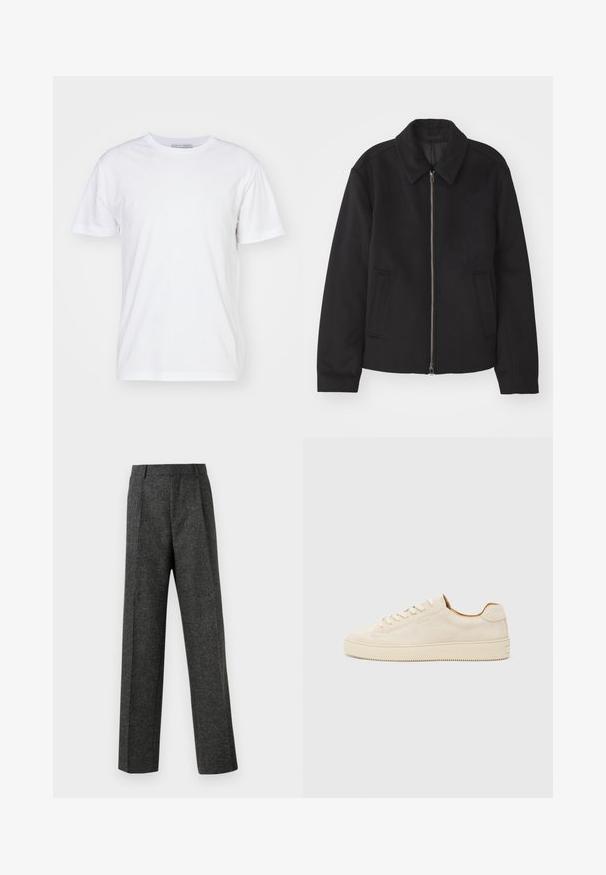 Črna jakna z zadrgo, prilagojena zasnova, okrogla ovratnica in žepi z rezi. Narejena iz gladke, teksturirane tkanine.; Bela bombažna majica s krojem okroglih izrezov, kratkimi rokavi in ravnim krojem. Brez vzorcev ali okrasnih elementov, gladka tekstura in enostaven dizajn.; Sive krojene hlače iz teksturirane tkanine, ki imajo dva sprednja nabora in ravno kroj. Brez vidnih žepov ali okrasnih elementov.; Bež suède teniska z nizkim dizajnom, okroglim prstom, ravnimi čipkami in teksturirano gumijasto podplatom. Minimalističen slog brez vidnih logotipov.