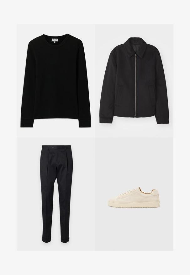 Crna jakna s patentnim zatvaračem, prilagođenog dizajna, zaobljenim kragnom i proreznim džepovima. Izrađena od glatkog, teksturiranog materijala.; Crna dugih rukava rebrasta pletena majica s okruglim izrezom, označena Paul & Joe Paris, veličina srednja, prikazana na bijeloj pozadini.; Crne hlače od glatkog materijala, s preklopom sprijeda, kopčanjem na gumb i smotanim manžetama na gležnju.; Bež antilop tenisice s niskim dizajnom, okruglim vrhom, ravnim vezicama i teksturiranom gumenom potplatu. Minimalistički stil bez vidljivih logotipa.