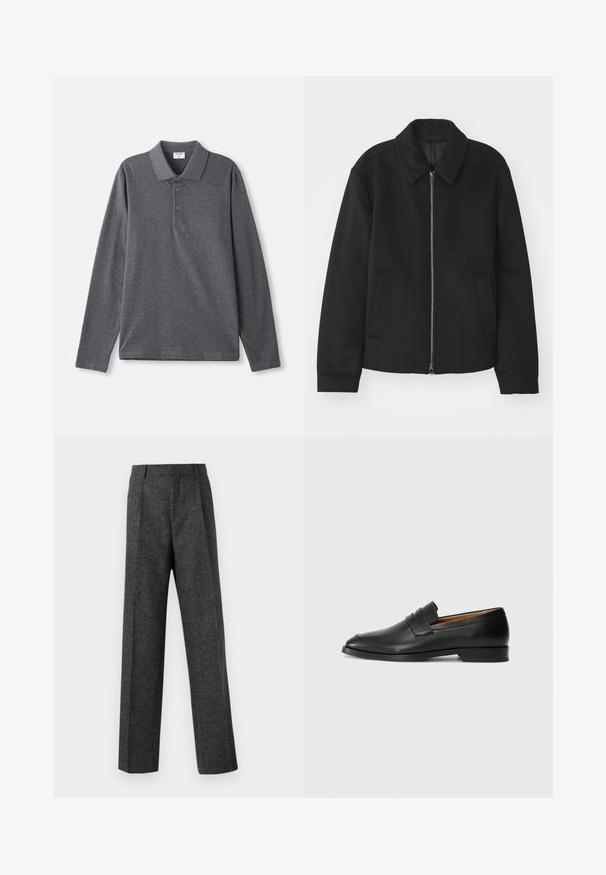 Juodas švarkas su užtrauktuku, pritaikyta forma, apvaliu apykakle ir kišenėmis su plyšiu. Pagamintas iš lygios, tekstūruotos medžiagos.; Tamsiai pilkos spalvos medvilnės polo marškiniai ilgomis rankovėmis, su klasikiniais apykaklės, trimis mygtukais ir laisvu siluetu. Lygi tekstūra.; Pilki pritaikyti kelnių modeliai, pagaminti iš tekstūruotos medžiagos, su dviem priekiniais klostėmis ir tiesiogine kojų forma. Nėra matomų kišenių ar puošybų.; Juodas odinis loaferis su apvaliu nosiu, subtiliomis siuvimo detalėmis ir žemu kulnu, pasižymintis lygia tekstūra ir minimalistiniu dizainu.