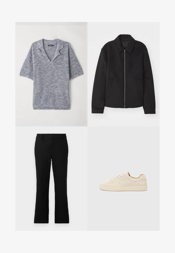 Črna jakna z zadrgo, prilagojena zasnova, okrogla ovratnica in žepi z rezi. Narejena iz gladke, teksturirane tkanine.; Kratke rukave pulover iz teksturiranega pletenja, z V-izrezom in sivo-modro barvo z diskretnim vzorcem. Mehka, lahka tkanina.; Črne široke hlače iz mešanice bombaža, opremljene z gumbom za zapiranje, zanko za pas in gladko teksturo brez vidnih vzorcev.; Bež suède teniska z nizkim dizajnom, okroglim prstom, ravnimi čipkami in teksturirano gumijasto podplatom. Minimalističen slog brez vidnih logotipov.