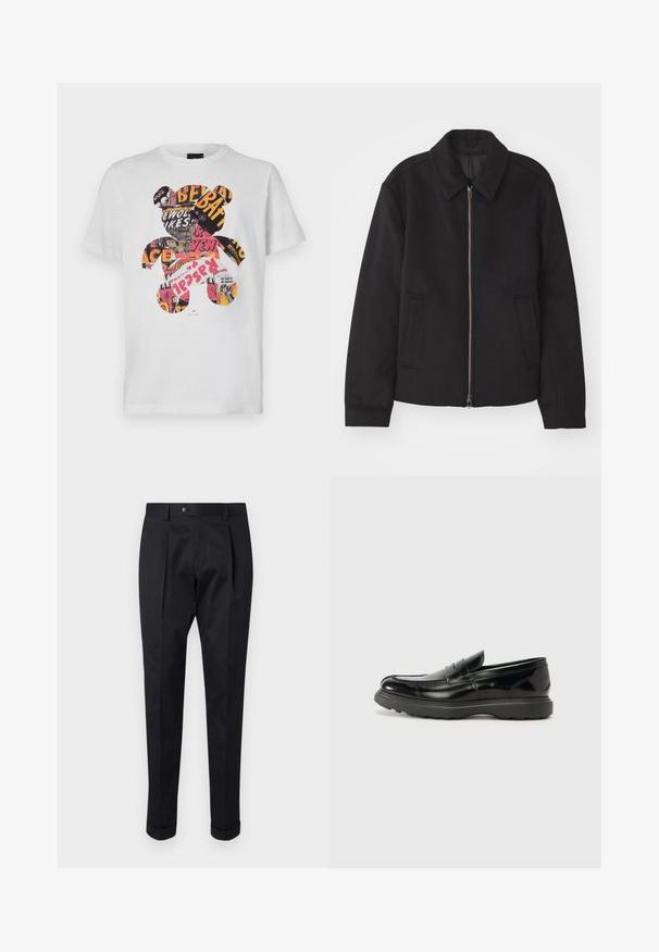 Melnā jaka ar rāvējslēdzēju, piegrieztas formas dizains, noapaļots apkakle un šķēluma kabatas. Izgatavota no gludas, teksturētas auduma.; Balta kokvilnas T-kreklus ar lāča grafiku, kas piepildīta ar krāsainiem žurnālu izgriezumiem un tekstu, apaļa kakla izgriezums, īsas piedurknes.; Melni bikses, izgatavotas no gludas auduma, ar uzkāpes priekšpusē, pogu aizdari un velkot piegriezumu pie potītes.; Melnas ādas loafers ar spīdīgu apdari, noapaļota pirksta forma, smalkas šuvju detaļas un bieza gumijas zole ilgstošai lietošanai.