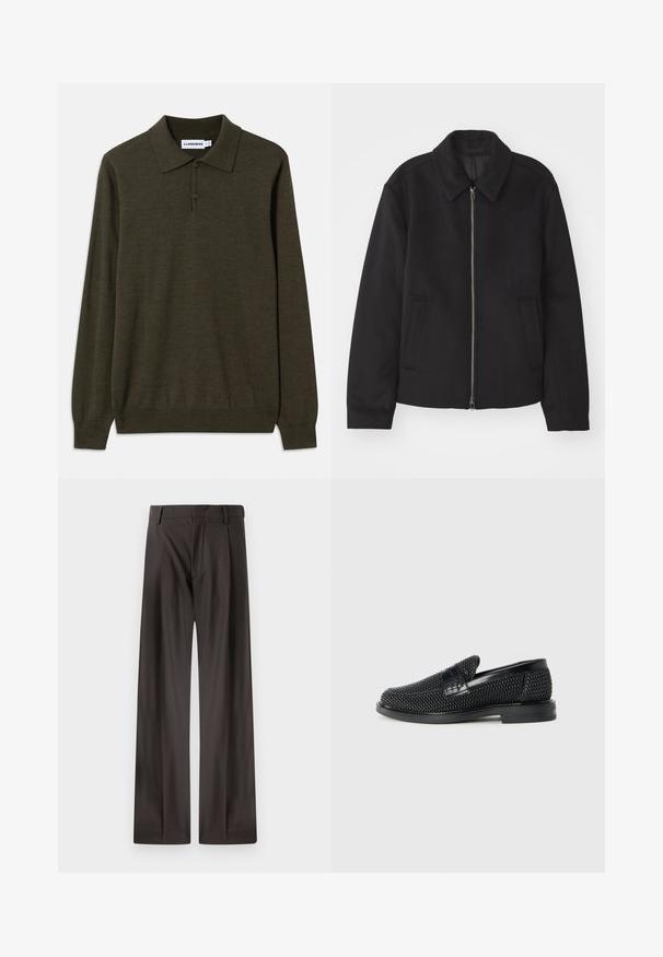Musta takki vetoketjukiinnityksellä, muotoiltu design, pyöreä kaulus ja viilto-taskut. Valmistettu sileästä, tekstuuripinnoitteisesta kankaasta.; Pitkähihaisen polo-paidan tummanoliivinvihreä, valmistettu pehmeästä kankaasta. Ominaisuuksia ovat klassinen kaulus, kolmen napin listaelementti ja resorit hihansuissa.; Laahustavat housut tummanruskeasta kankaasta. Ominaisuuksia ovat sileä rakenne, jämäkkä vyötärö ja hillityt etukuja.; Musta kudottu liukupohjallinen kenka, jossa on sileä nahkakorostus päällisessä, pyöreä kärki ja matala kumipohja.