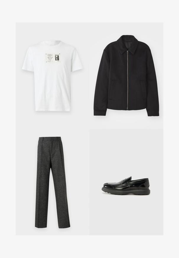 Sort jakke med lynlås, skræddersyet design, rund krave og slidser. Fremstillet af et glat, textureret stof.; Hvid bomulds T-shirt med et sort-hvidt grafisk print af et kranie inden for en rektangulær kant på fronten. Korte ærmer, rund hals.; Grå skræddersyede bukser lavet af tekstureret stof, med to frontplicer og lige ben-design. Ingen synlige lommer eller udsmykninger.; Sort læderloafer med en blank finish, rund tå, subtile syninger og en tyk gummisål for holdbarhed.