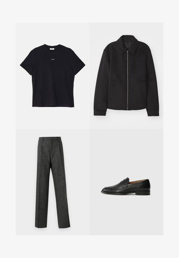 Melnā jaka ar rāvējslēdzēju, piegrieztas formas dizains, noapaļots apkakle un šķēluma kabatas. Izgatavota no gludas, teksturētas auduma.; sandro TEE - Pamata T-krekls - noir; Pelēki piegriezti bikses, izgatavotas no tekstūras auduma, ar diviem priekšējiem krokām un taisnu kāju dizainu. Nav redzamu kabatu vai rotājumu.; Melnas ādas loafers ar noapaļotu purngala formu, smalku izšuvumu un zemu papēdi, piedāvājot gludu tekstūru un minimālistisku dizainu.