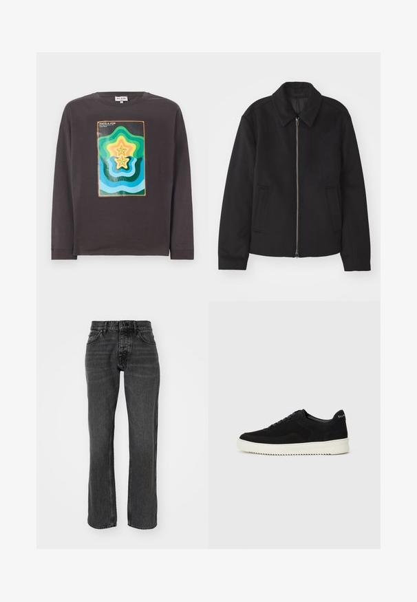 Black jacket with a zip closure, tailored design, a rounded collar, and slit pockets. Made from a smooth, textured fabric.; Dark gray long-sleeve t-shirt featuring a colorful geometric design with waves and stars in green, blue, yellow, and orange.; Black denim jeans with a straight-leg design, featuring standard pockets and contrast stitching. Material has a slight texture and faded finish.; Black suede sneaker with lace-up design and contrasting white rubber sole. Features textured side panels and subtle branding on the heel.