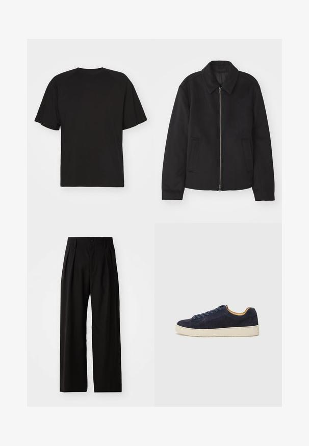 Μαύρο μπουφάν με φερμουάρ, κομψή γραμμή, στρογγυλός γιακάς και τσέπες με άνοιγμα. Κατασκευασμένο από μαλακό, υφασμάτινο υλικό.; Essential Collective ORGANIC COTTON - Βασικό μπλουζάκι - black; Μαύρο παντελόνι με φαρδιά πόδια και λεία υφή, με δύο πιέτες μπροστά, κλείσιμο με κουμπί και πλευρικές τσέπες. Ανθεκτικό υλικό.; Ναυτικό σουέντ χαμηλό sneaker με στρογγυλή μύτη, λευκή καουτσούκ σόλα και αντίστοιχους κορδόνες; διαθέτει αντίθετο καφέ εσωτερικό φόρεμα.