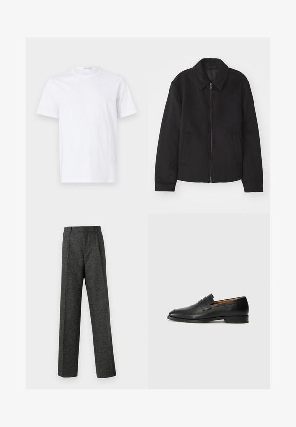 Jachetă neagră cu închidere prin fermoar, design ajustat, guler rotund și buzunare cu fanta. Fabricată dintr-un material neted, texturat.; Tricou alb din bumbac, cu guler rotund și mâneci scurte. Textură netedă, croială dreaptă și design minimalistic, fără modele sau accente.; Pantaloni gri ajustați din țesătură texturată, prezentând două pliere frontale și un design drept. Fără buzunare vizibile sau ornamente.; Lofer din piele neagră, cu vârf rotund, detalii cusute subtile și toc jos, având o textură netedă și un design minimalist.