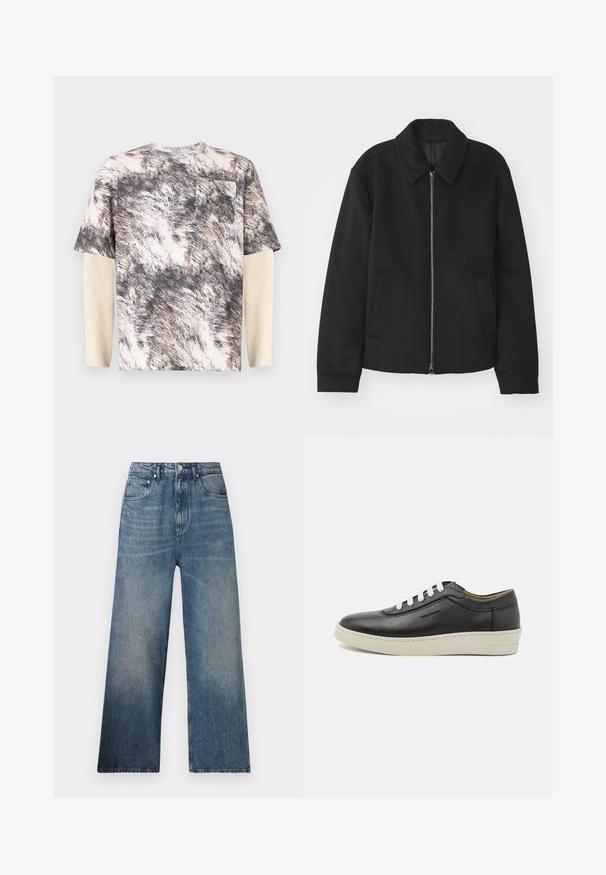 Čierna bunda so zipsom, upravený strih, okrúhly golier a bočné vrecká. Vyrobená z hladkej, textúrovanej látky.; Kraťasová košeľa s textúrovaným šedým a béžovým abstraktným vzorom, s náprsníkom a vrstvenými dlhými rukávmi v rebrovanom vzore.; Modré rifľové nohavice s širokými nohavicami a vysokým pásom, s jemným zosvetlením, piatimi vreckami a kovovým zapínaním vpredu.; Čierne kožené tenisky s bielou gumovou podrážkou, okrúlym špicom a plochými šnúrkami, so švami na bokoch a jemným brandingom.