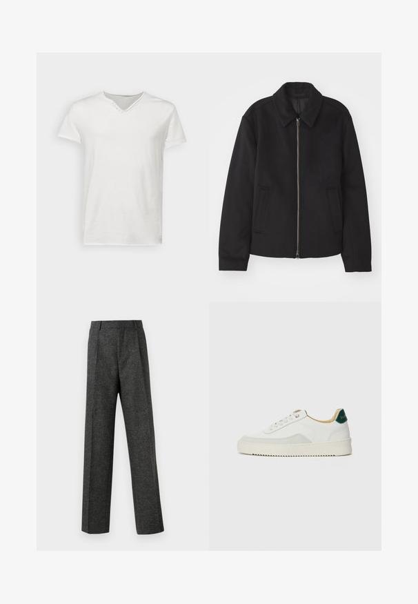 Chaqueta negra con cierre de cremallera, diseño ajustado, cuello redondeado y bolsillos con abertura. Fabricada en un tejido suave y texturizado.; Camiseta blanca de manga corta hecha de algodón suave. Presenta un escote en v con un detalle de botón decorativo cerca del cuello. Textura suave.; Pantalones gris ajustados hechos de una tela texturizada, con dos pliegues frontales y un diseño de pierna recta. Sin bolsillos visibles ni adornos.; Zapatilla blanca con acentos de ante, puntera redondeada, cordones planos y suela de goma color crema. Presenta un logo verde en el talón.