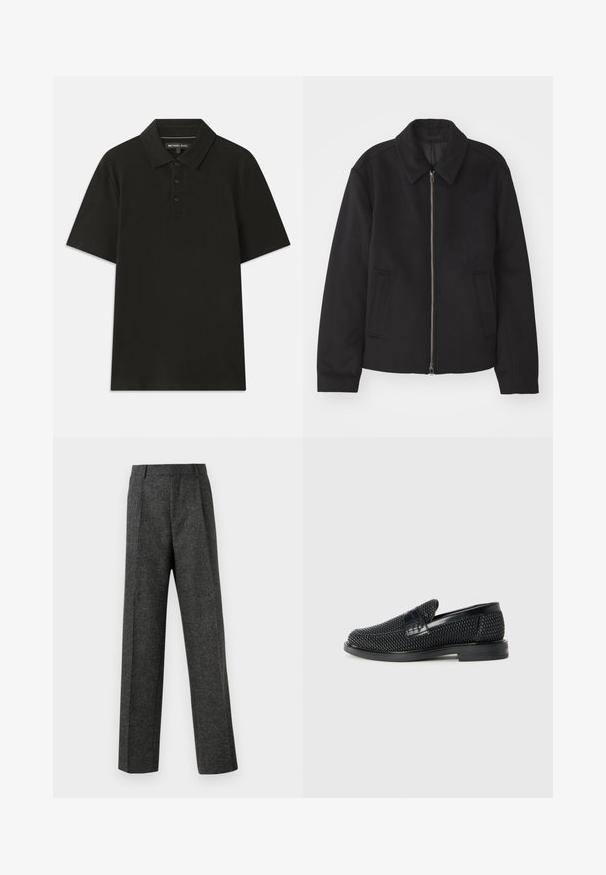 Black jacket with a zip closure, tailored design, a rounded collar, and slit pockets. Made from a smooth, textured fabric.; Black polo shirt made of textured fabric. Features a three-button placket and a standard collar. Short sleeves and straight hem.; Gray tailored trousers made of textured fabric, featuring two front pleats and a straight-leg design. No visible pockets or embellishments.; Black woven slip-on shoe with a smooth leather accent on the upper, a round toe design, and a low-profile rubber sole.