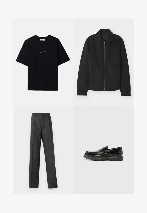 Casaco preto com fecho de correr, design ajustado, colarinho redondo e bolsos com fenda. Feito de um tecido liso e texturizado.; T-shirt preto de mangas curtas, feito de algodão, com um decote redondo e um logótipo impresso em branco "LARDINI" no peito. Design simples e sem adições.; Calças cinzentas ajustadas, feitas de um tecido texturizado, com duas pregas frontais e um design de perna reta. Sem bolsos visíveis ou enfeites.; Mocassim de couro preto com acabamento brilhante, bico arredondado, detalhes de costura subtil e sola de borracha espessa para durabilidade.