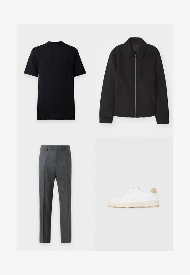 Črna jakna z zadrgo, prilagojena zasnova, okrogla ovratnica in žepi z rezi. Narejena iz gladke, teksturirane tkanine.; Črna kratkoslemla majica z teksturiranim, valovitim vzorcem in okroglim izrezom. Narejena iz mehkih materialov, ponuja sproščen fit in brez vidnih blagovnih znamk.; Sive prilegane hlače z drobnim karirastim vzorcem, ravne noge in gladko teksturo blaga. Imajo zanke za pas in zadrgo.; Bele nizke superge z zgornjim delom iz teksturirane usnjene površine, smetano obrobljenim podplatom in svetlo rjavo akcentom na peti. Imajo bele vezalke in podrobnost z logotipom na peti.