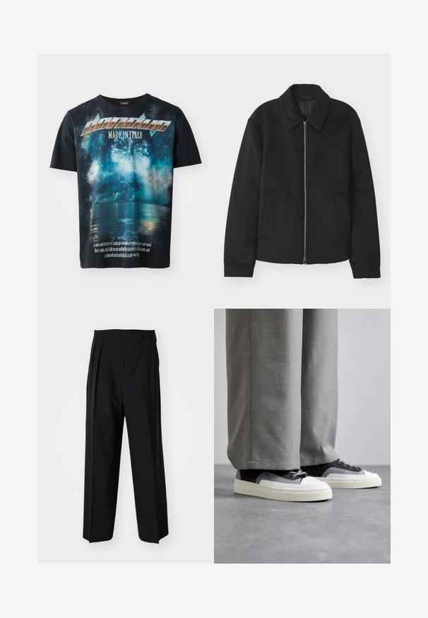 Musta takki vetoketjukiinnityksellä, muotoiltu design, pyöreä kaulus ja viilto-taskut. Valmistettu sileästä, tekstuuripinnoitteisesta kankaasta.; Musta puuvillainen T-paita, jossa on graafinen printti ilotulituksista veden yllä, tekstinä "Valmistettu Italiassa" ja lainaus alareunassa valkoisella.; Mustat laskostetut housut, joissa on suora, leveä lahje. Valmistettu sileästä kankaasta, jossa on nappisuljenta ja vyölenkit.; Filling Pieces RIVIERA - Matalavartiset tennarit - grey