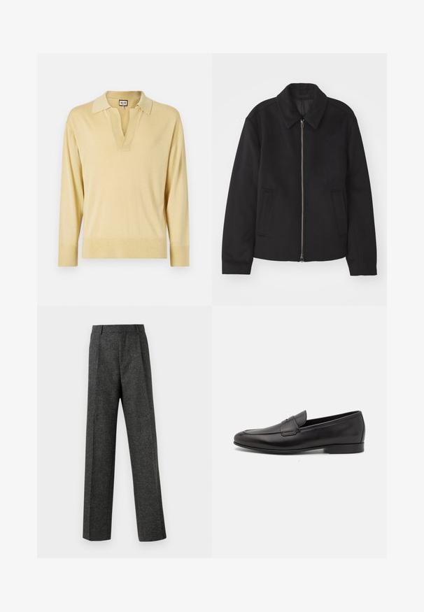 Zwarte jas met ritssluiting, op maat gemaakte ontwerp, ronde kraag en splitzakken. Gemaakt van een gladde, gestructureerde stof.; Langsleeve polo trui in lichtgeel, met een V-hals, contrasterende kraag en geribde manchetten met een zachte, gladde textuur.; Grijze op maat gemaakte broek van gestructureerde stof, met twee voorplooien en een rechte pijp. Geen zichtbare zakken of versieringen.; Zwarte leren herenloafers met een lage hak en een klassiek pennystrap-ontwerp, getoond in zijaanzicht op een witte achtergrond.