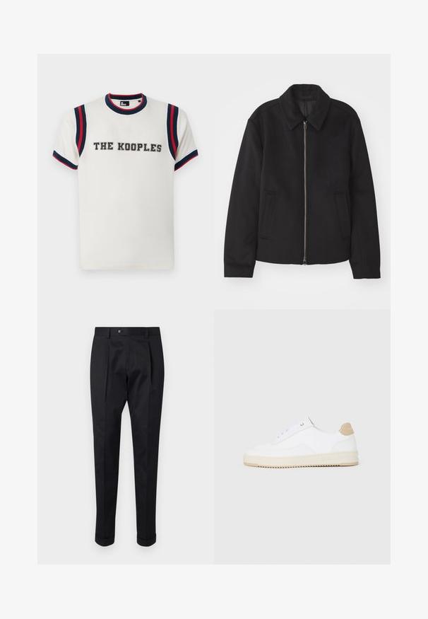 Chaqueta negra con cierre de cremallera, diseño ajustado, cuello redondeado y bolsillos con abertura. Fabricada en un tejido suave y texturizado.; Camiseta blanca de cuello redondo, con detalles a rayas azules y rojas en las mangas, y "THE KOOPLES" bordado en negrita en la parte frontal.; Pantalones negros de tejido suave, con un pliegue en la parte delantera, cierre de botón y puños enrollados en el tobillo.; Zapatillas bajas blancas con parte superior de cuero texturizado, suela de crema estriada y acento de talón en color tostado. Presentan cordones blancos y detalle del logotipo en el talón.