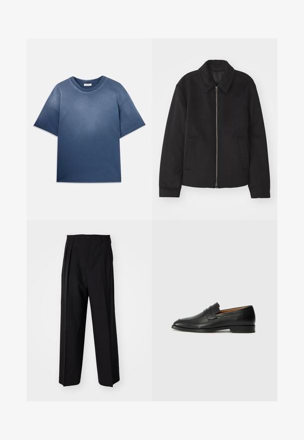 Jachetă neagră cu închidere prin fermoar, design ajustat, guler rotund și buzunare cu fanta. Fabricată dintr-un material neted, texturat.; Tricou din bumbac albastru, cu o croială lejeră, mâneci scurte, guler rotund și textură moale. Prezintă un efect de degradare a culorii.; Pantaloni negri plisat cu un design drept și pantaloni largi. Construiți dintr-un material neted, prevăzuți cu închidere cu nasture și bucle pentru curea.; Lofer din piele neagră, cu vârf rotund, detalii cusute subtile și toc jos, având o textură netedă și un design minimalist.