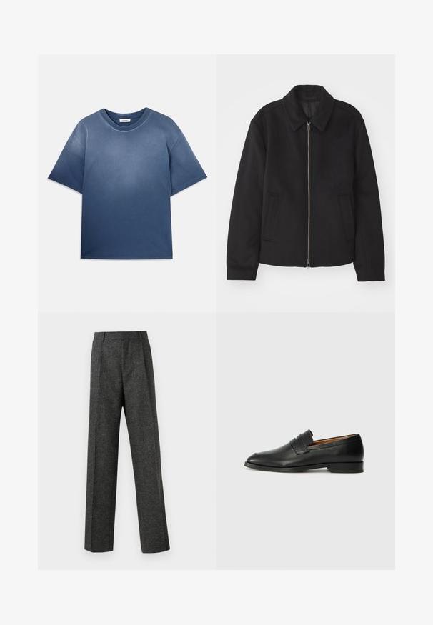 Jachetă neagră cu închidere prin fermoar, design ajustat, guler rotund și buzunare cu fanta. Fabricată dintr-un material neted, texturat.; Tricou din bumbac albastru, cu o croială lejeră, mâneci scurte, guler rotund și textură moale. Prezintă un efect de degradare a culorii.; Pantaloni gri ajustați din țesătură texturată, prezentând două pliere frontale și un design drept. Fără buzunare vizibile sau ornamente.; Lofer din piele neagră, cu vârf rotund, detalii cusute subtile și toc jos, având o textură netedă și un design minimalist.