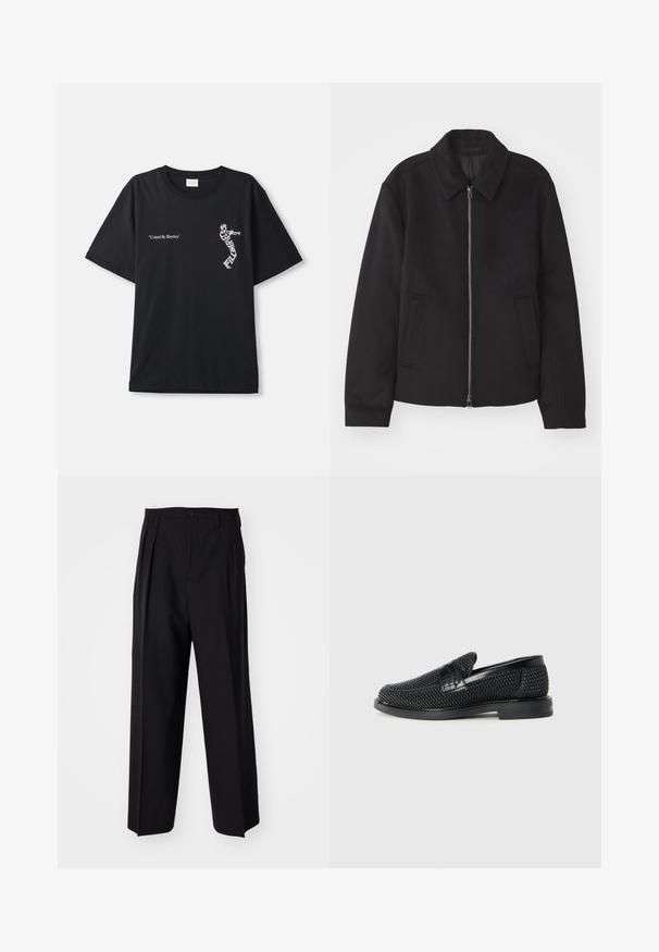 Melnā jaka ar rāvējslēdzēju, piegrieztas formas dizains, noapaļots apkakle un šķēluma kabatas. Izgatavota no gludas, teksturētas auduma.; Melna kokvilnas T-krekls ar pārspīlētu piegriezumu. Priekšpusē ir balta uzraksts "Apvienoti ritmā" un grafiskais dizains. Klasicisks apaļās kakla stila modelis.; Melnas plisētās bikses ar taisnu, plata kāja dizainu. Izgatavotas no gludas auduma, ar pogu aizdari un jostas cilpiņām.; Melnas austas slaidu kurpes ar gludu ādas akcentu augšpusē, apaļas formas purngalu un zemas profila gumijas zoli.