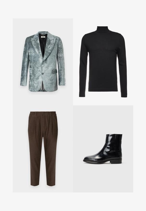 DRYKORN - Marynarka; Czarny sweter z golfem, wykonany z miękkiego, prążkowanego materiału. Dopasowany krój z długimi rękawami i wysokim kołnierzem. Minimalistyczny styl, bez widocznych wzorów.; Brązowe spodnie korduroy w luźnym kroju, z fałdami z przodu i zapięciem na guzik w pasie. Gładka tekstura i zwężane nogawki.; Czarne skórzane botki za kostkę o błyszczącym wykończeniu, eleganckim designie i okrągłym nosku. Posiadają elastyczne boczne panele oraz niski słupek.