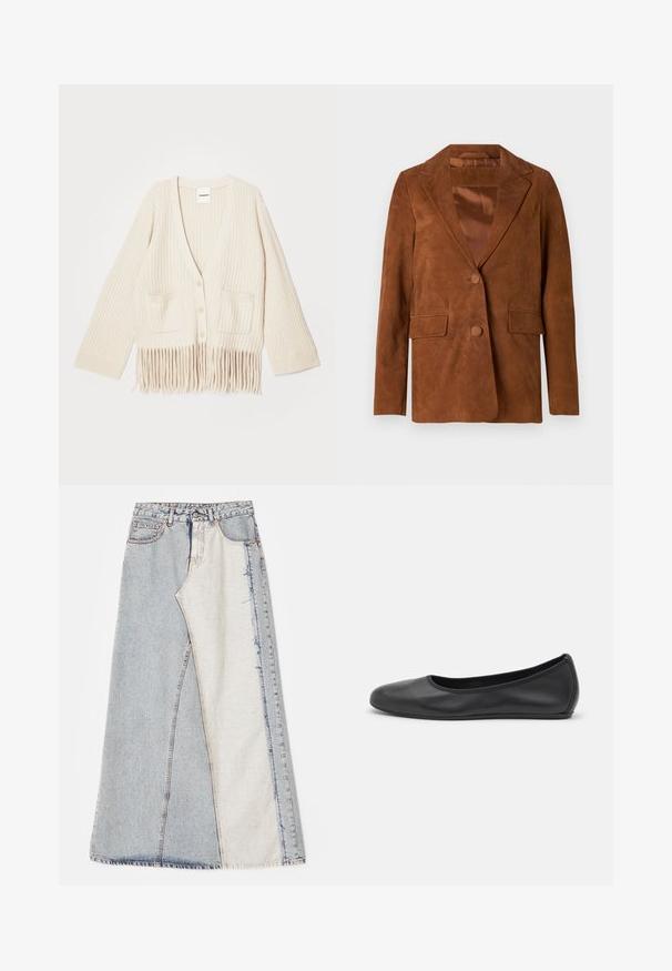 Rudas zomšinis švarkas su įpjautomis apykaklėmis, dviem priekinėmis kišenėmis, vienu mygtuko uždarymu ir lygiu satino pamušalu.; Kreminės spalvos megzta kardiganas su V formos iškirpte, trimis ketvirtadaliais rankovėmis, dviem priekinėmis kišenėmis ir frakciniais apdailos elementais apykaklėje.; Bele gydimo viršus be rankovių su vertikaliomis juodai baltomis juostomis, pagamintas iš tekstūruoto mezgimo audinio, turintis aukštą, prigludusią apykaklę.; Džinsinė sijonas su lokščių raštu, įskaitant šviesiai ir vidutiniškai mėlynus skyrius, suplėšytais kraštais ir aukšta juosmens linija. Klasikinis penkių kišenių stilius.; Juodai odiniai baletai su apvaliu pirštu, lygi texture, minimalus siuvimo detales ir lanksčiu padų dizainu.