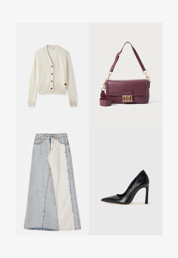 Brązowy zamszowy żakiet z wykładanym kołnierzem, dwoma przednimi kieszeniami, zapięciem na jeden guzik oraz gładką satynową podszewką.; Kremowy kardigan z dekoltem w kształcie V, z prążkowanymi mankietami i dołem. Posiada pięć ciemnych guzików oraz mały detal w postaci tęczowego paska na dole.; Czarny top na ramiączkach z cienkimi spaghetti, wykonany z żebrowanej tkaniny, z prostym krojem i metką przy wycięciu na szyję z napisem "IVY OAK."; Spódnica dżinsowa z wzorem patchworkowym z jasnoniebieskimi i średnioniebieskimi sekcjami, postrzępionymi brzegami i wysokim stanem. Klasyczny fason z pięcioma kieszeniami.; Czarne szpilki z ostrym noskiem, pokryte teksturą skóry krokodyla, charakteryzujące się eleganckim wzornictwem, wysokim obcasem w stylu stiletto oraz gładkim czarnym wnętrzem.; Ciemnofioletowa skórzana torba na ramię z złotym zapięciem w kształcie serca i regulowanym paskiem na górze na białym tle.