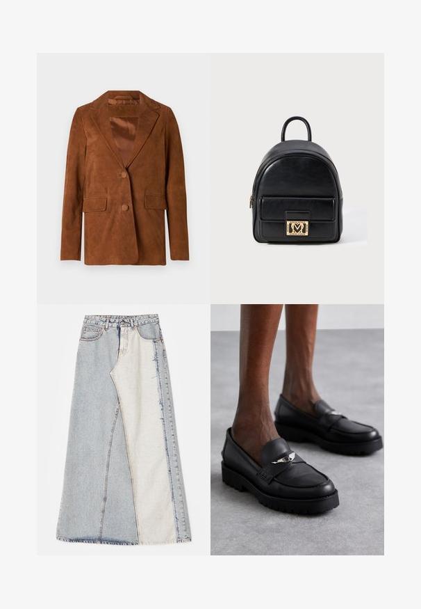 Brown suede blazer with a notched lapel, two front pockets, single button closure, and smooth satin lining.; Black knit pullover with a V-neck and collar. Features three-quarter length sleeves with fringe details at cuffs and hem. Textured material.; Denim skirt featuring a patchwork design with light and medium blue sections, frayed hems, and a high waist. Classic five-pocket style.; Black leather loafers with a rounded toe, featuring a silver accent on the strap and a thick, textured sole for added grip.; Black leather mini backpack with front zip pocket and gold-tone Love Moschino logo plaque on white background.