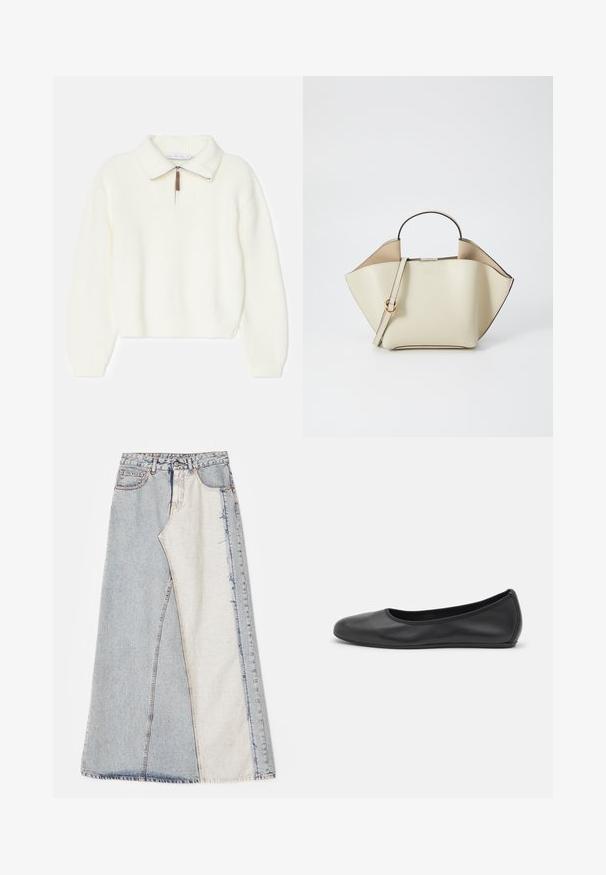 Rudas zomšinis švarkas su įpjautomis apykaklėmis, dviem priekinėmis kišenėmis, vienu mygtuko uždarymu ir lygiu satino pamušalu.; Baltas megztinis su plokščiu apykakle, ketvirčio užtrauktuku ir dryžuotomis rankogaliais bei apatine dalimi. Minkšta tekstūra, laisvas siluetas.; Džinsinė sijonas su lokščių raštu, įskaitant šviesiai ir vidutiniškai mėlynus skyrius, suplėšytais kraštais ir aukšta juosmens linija. Klasikinis penkių kišenių stilius.; Juodai odiniai baletai su apvaliu pirštu, lygi texture, minimalus siuvimo detales ir lanksčiu padų dizainu.; Ree Projects ANN - Rankinė - beige