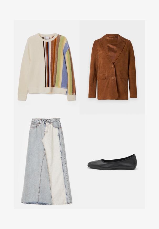 Brązowy zamszowy żakiet z wykładanym kołnierzem, dwoma przednimi kieszeniami, zapięciem na jeden guzik oraz gładką satynową podszewką.; Sweter dzianinowy w kolorze kremowym z wielokolorowymi pionowymi paskami w odcieniach niebieskiego, zielonego, brązowego i czerwonego. Posiada okrągły dekolt i ściągacze przy mankietach.; Spódnica dżinsowa z wzorem patchworkowym z jasnoniebieskimi i średnioniebieskimi sekcjami, postrzępionymi brzegami i wysokim stanem. Klasyczny fason z pięcioma kieszeniami.; Czarne skórzane baletki z zaokrąglonym noskiem, gładką fakturą, minimalnymi przeszyciami i elastycznym designem podeszwy.