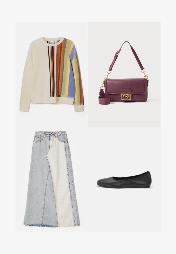 Blazer in camoscio marrone con rever a punta, due tasche frontali, chiusura con un bottone e foderato in satin liscio.; Maglione lavorato a maglia in crema con strisce verticali multicolori blu, verde, marrone e rosso. Presenta un collo rotondo e polsini a coste.; Gonna in denim con design patchwork, sezioni di blu chiaro e medio, orli sfilacciati e vita alta. Stile classico a cinque tasche.; Pantofole da balletto nere in pelle con punta arrotondata, texture liscia, dettagli di cucitura minimi e design con suola flessibile.; Borsa a tracolla in pelle viola scuro con chiusura a forma di cuore dorata e tracolla superiore regolabile su sfondo bianco.