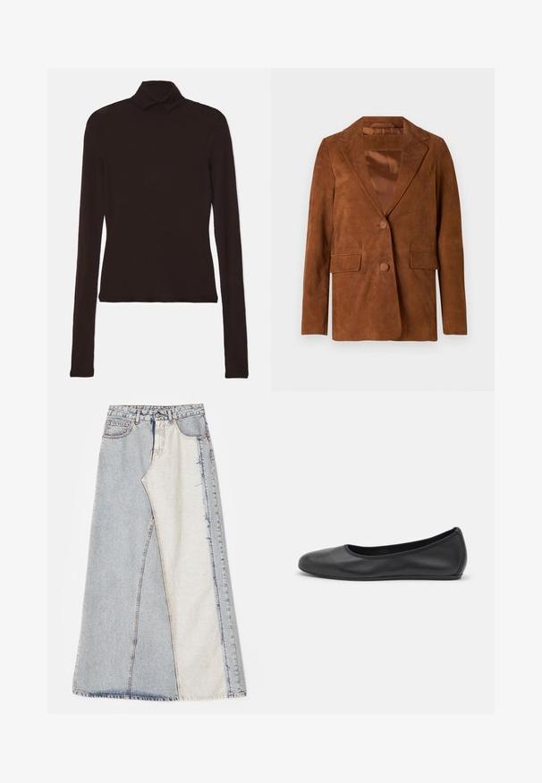 Brun ruskindjakke med slagkrave, to frontlommer, enkeltknap lukning og glat satinforing.; Tiger of Sweden AMINHA - Striktrøje - dark chokolate; Denim nederdel med patchwork design bestående af lyse og mellemblå sektioner, frayed kanter og høj talje. Klassisk fem-lomme stil.; Sort læderballetsko med rund tå, glat tekstur, minimal syning og et fleksibelt såldesign.