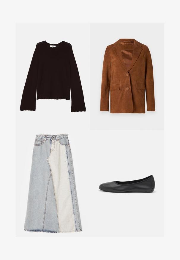 Brown suede blazer with a notched lapel, two front pockets, single button closure, and smooth satin lining.; Dark brown knit sweater featuring a ribbed neckline, long sleeves, and scalloped hem with decorative openwork pattern along the edges.; Denim skirt featuring a patchwork design with light and medium blue sections, frayed hems, and a high waist. Classic five-pocket style.; Black leather ballet flat with a rounded toe, smooth texture, minimal stitching detail, and a flexible sole design.