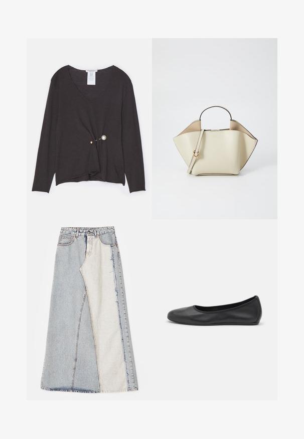 Brown suede blazer with a notched lapel, two front pockets, single button closure, and smooth satin lining.; Dark brown long-sleeve top featuring a V-neck, twisted front design with a gold button and a large pearl accent on the side.; Denim skirt featuring a patchwork design with light and medium blue sections, frayed hems, and a high waist. Classic five-pocket style.; Black leather ballet flat with a rounded toe, smooth texture, minimal stitching detail, and a flexible sole design.; Ree Projects ANN - Handbag - beige