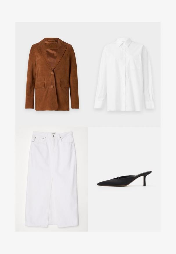 Brown suede blazer with a notched lapel, two front pockets, single button closure, and smooth satin lining.; White long-sleeve shirt made of cotton, featuring a classic collar, button closure, and a single breast pocket on the left side.; White denim skirt featuring a front slit, five-pocket design, metal button and zipper closure, and stitched hem details.; Black pointed-toe mule with a sleek design, made of smooth fabric, featuring a slender heel and open back for easy wear.