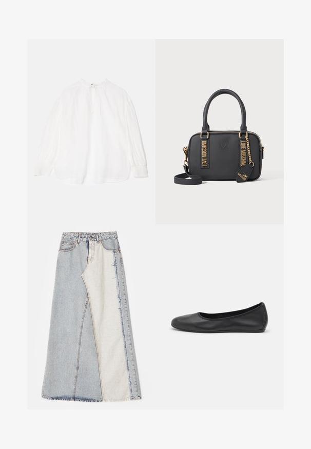 Brown suede blazer with a notched lapel, two front pockets, single button closure, and smooth satin lining.; White blouse with long, gathered sleeves, a tied neckline, and a relaxed fit. Features slightly textured fabric and elastic cuffs.; Denim skirt featuring a patchwork design with light and medium blue sections, frayed hems, and a high waist. Classic five-pocket style.; Black leather ballet flat with a rounded toe, smooth texture, minimal stitching detail, and a flexible sole design.; Black rectangular handbag with double handles, detachable strap, gold zippers, and "Love Moschino" tags and logo embossed on front.