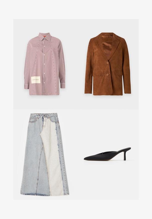 Brown suede blazer with a notched lapel, two front pockets, single button closure, and smooth satin lining.; Striped button-up shirt in red and white with long sleeves, a collar, and a patch featuring coordinates on the lower left side.; Denim skirt featuring a patchwork design with light and medium blue sections, frayed hems, and a high waist. Classic five-pocket style.; Black pointed-toe mule with a sleek design, made of smooth fabric, featuring a slender heel and open back for easy wear.