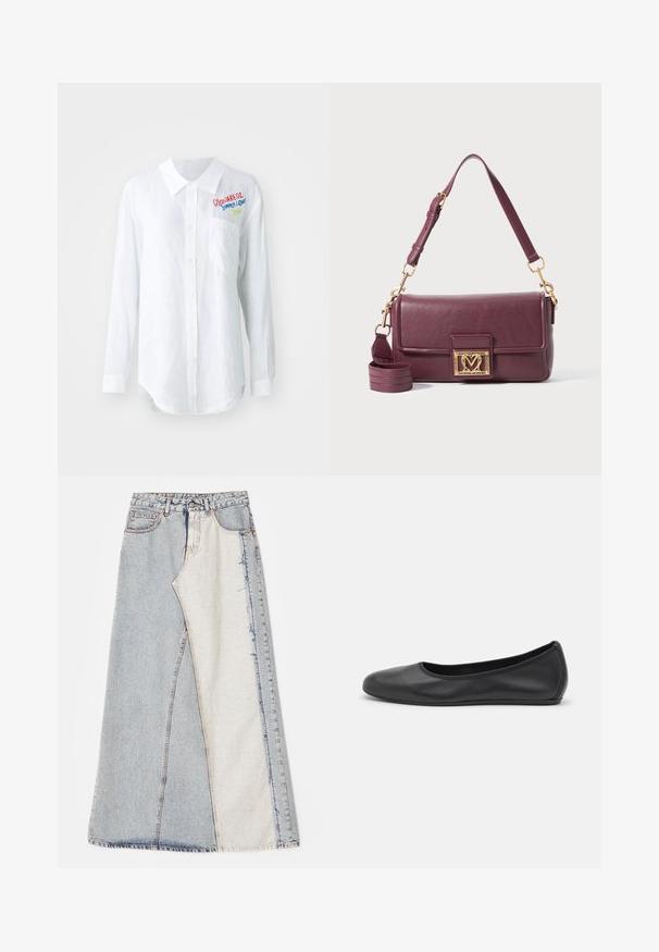 Hnedý semišový blejzer s klopovým golierom, dvoma prednými vreckami, jedným gombíkom na uzavieranie a hladkým saténovým podšívkou.; Biela košeľa s dlhým rukávom vyrobená z ľanu, s špicatým golierom, zapínaním na gombíky, ľavým vreckom a farebným vyšívaným textom na hrudi.; Džínová sukňa s patchworkovým dizajnom, obsahujúca svetlomodré a stredne modré časti, s roztrhnutými okrajmi a vysokým pásom. Klasický štýl s piatimi vreckami.; Čierne kožené baleríny s okrúhlou špičkou, hladkým povrchom, minimálnym prešívaním a flexibilným dizajnom podrážky.; Temne fialová kožená kabelka na rameno so zlatou srdcovou prackou a nastaviteľným horným popruhom na bielom pozadí.