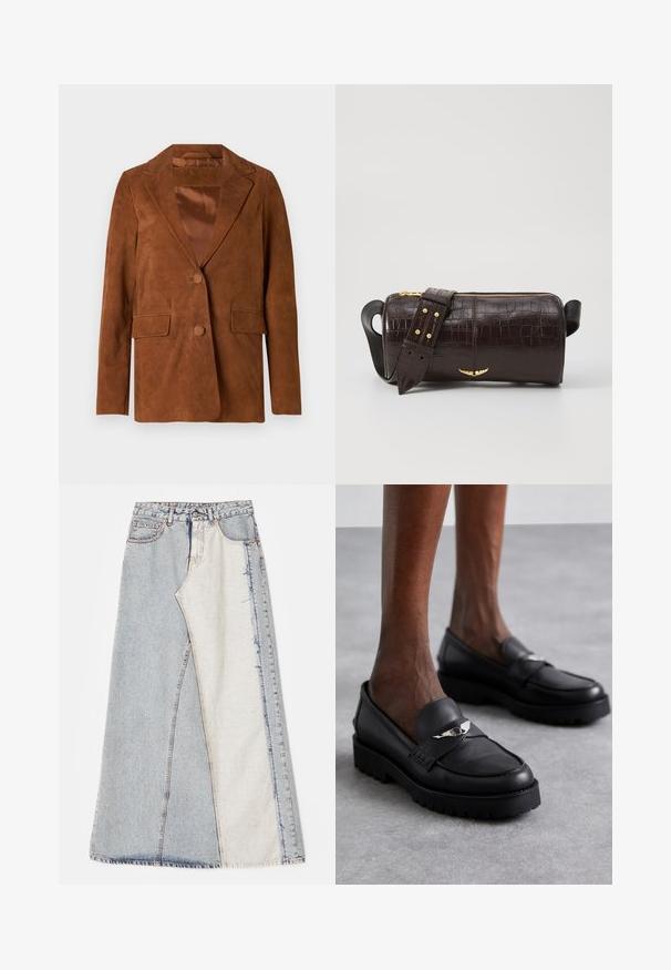 Brown suede blazer with a notched lapel, two front pockets, single button closure, and smooth satin lining.; Sleeveless turtleneck top with vertical black and white stripes, made of a textured knit fabric, featuring a high, snug collar.; Denim skirt featuring a patchwork design with light and medium blue sections, frayed hems, and a high waist. Classic five-pocket style.; Black leather loafers with a rounded toe, featuring a silver accent on the strap and a thick, textured sole for added grip.; Brown crocodile-embossed leather bag with a cylindrical shape, gold-tone hardware, and a detachable strap featuring studs.