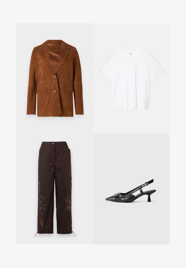 Rudas zomšinis švarkas su įpjautomis apykaklėmis, dviem priekinėmis kišenėmis, vienu mygtuko uždarymu ir lygiu satino pamušalu.; Balta medvilnės marškinėliai trumpomis rankovėmis, apvalia iškirpte, laisvo kirpimo ir su siūtu kraštu. Etiketė matoma vidinėje iškirptės pusėje.; Rudos plačios kelnės su siuvinėtomis žvaigždutėmis ir žuvų dizainais. Turi elastingą juosmenį, dvi šonines kišenes ir reguliuojamus kulkšnies raiščius.; Juodas odinis slingback tipo batai su smailiu priekiniu atvartu, dekoratyvinėmis sagtimis su metaliniais akyčiais ir žemu blokiniu kulnu. Saldus paviršius.