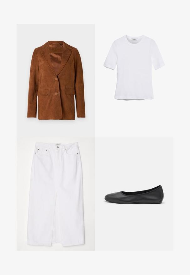 Brauner Wildlederblazer mit Reverskragen, zwei Vordertaschen, einer Knopfschließe und glatter Satinfütterung.; Weißes kurzärmliges T-Shirt aus geripptem Stoff. Runder Halsausschnitt, normale Passform und dezente Nähte. Keine Muster oder Grafiken.; Weiße Jeansrock mit einem Schlitz vorne, fünf Taschen-Design, Metallknopf und Reißverschlussverschluss sowie gestickten Saumdetails.; Schwarze Leder-Ballettschuhe mit abgerundeter Spitze, glatter Textur, minimalen Nähdetails und einem flexiblen Sohlen-Design.