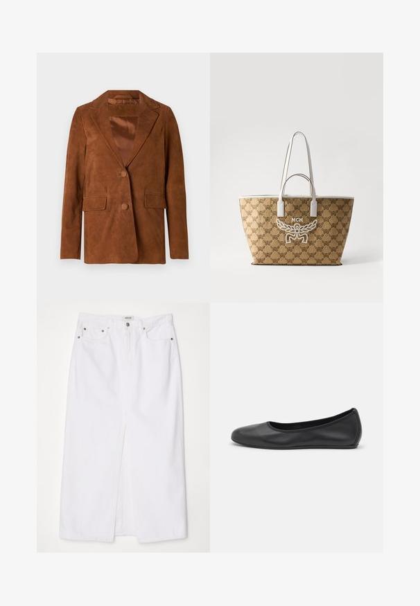 Καφέ σουέντ σακάκι με κανονικό γιακά, δύο μπροστινές τσέπες, κλείσιμο με έναν μόνο κουμπί και λείο σατεν φόδρας.; Άσπρο κοντομάνικο μπλουζάκι φτιαγμένο από ριγέ ύφασμα. Στρογγυλή λαιμόκοψη, κανονική εφαρμογή και διακριτές λεπτομέρειες ραφής. Χωρίς σχέδια ή γραφικά.; Λευκή τζιν φούστα με εμπρός σχισμή, σχεδίαση πέντε τσεπών, μεταλλικό κουμπί και κλείσιμο με φερμουάρ, καθώς και ραφές στο τελείωμα.; Μαύρο δερμάτινο μπαλαρίνι με στρογγυλή μύτη, λεία υφή, ελάχιστες λεπτομέρειες ραφής και σχεδίαση ευέλικτης σόλας.; Μεγάλη καφέ τσάντα tote με ανάγλυφο λογότυπο MCM, λευκές δερμάτινες λεπτομέρειες, λεία υφή και επαναλαμβανόμενο μοτίβο φτερών και branding MCM.