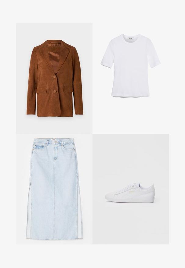 Hnedý semišový blejzer s klopovým golierom, dvoma prednými vreckami, jedným gombíkom na uzavieranie a hladkým saténovým podšívkou.; Biela krátka tričko s krátkymi rukávmi vyrobené z rebrovanej látky. Klasický okrúhly výstrih, bežný strih a jemné švy. Bez vzorov alebo grafiky.; Svetlo modrá dlhá riflová sukňa so strihom na rovno, s bočnými rozparkami a dizajnom s piatimi vreckami. Výrazné prešívanie a kovový zips na zapínanie.; Biele nízkopriehnuté tenisky Puma s šnurovaním vpredu, decentným brandingom na boku a podošve a hladkým syntetickým zvrškom, ideálne na príležitostné nosenie.